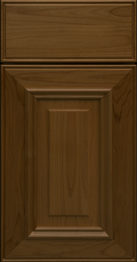 Custom Cognac Stain Anderson Raised Panel Kitchen Cabinet Door and matching Slab Drawer Front.